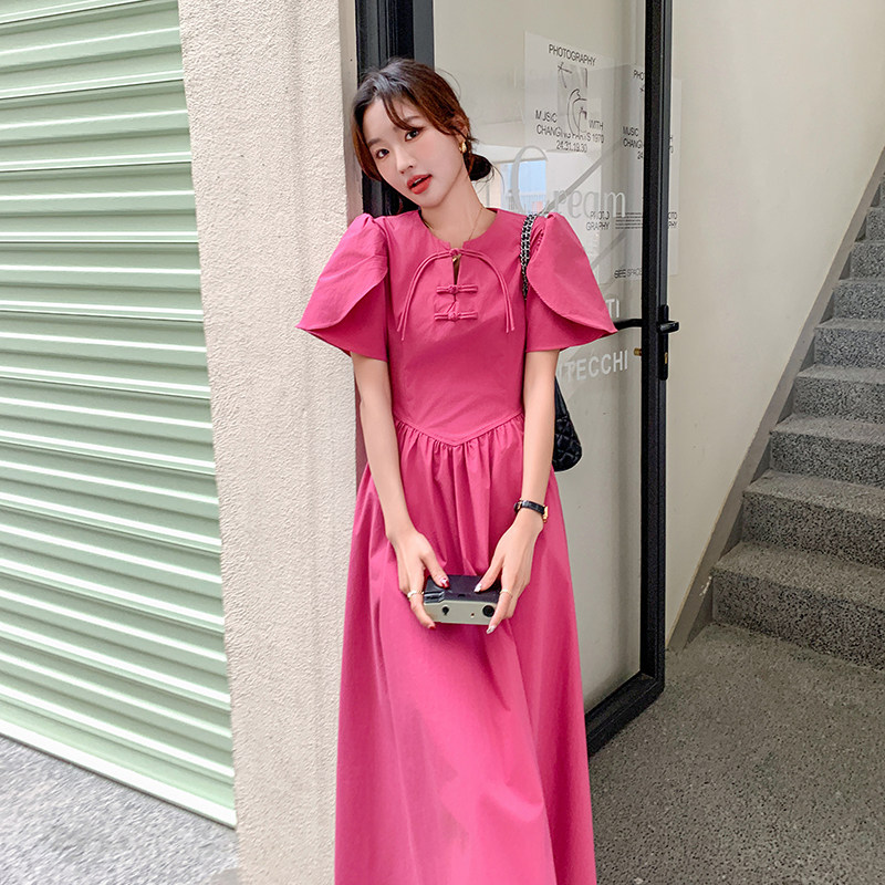 现货玫粉色新中式长款连衣裙2593-P120-K178,女装连衣裙,2C159