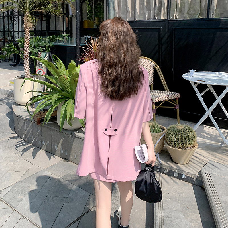 粉色西装套装女夏2025新款宽松上衣阔腿短裤两件套气质薄款小西服,女装套装/套裙,2C187