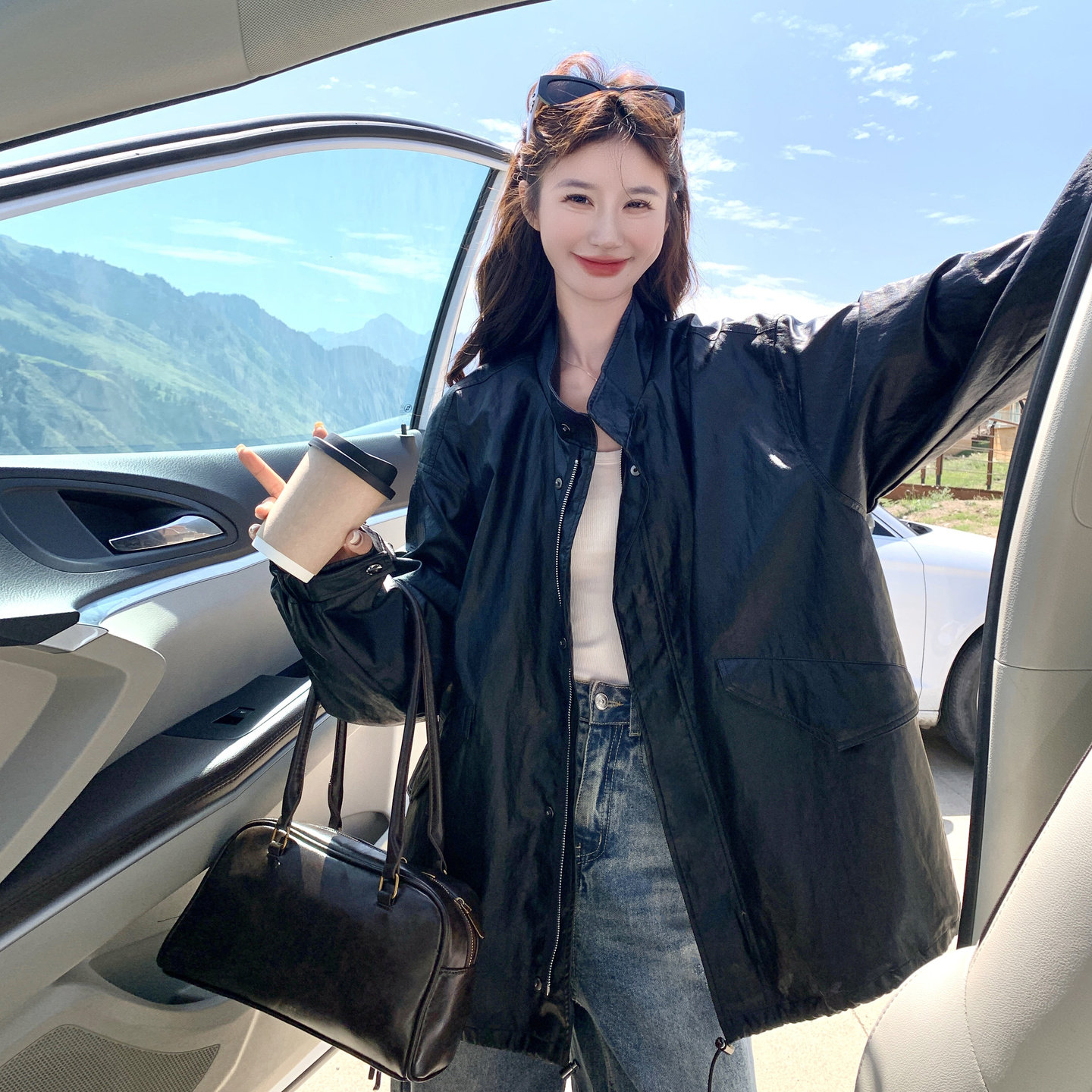 设计感皮衣外套女春秋款宽松休闲百搭上衣潮酷洋气中长款PU皮夹克,女装短外套,2C166