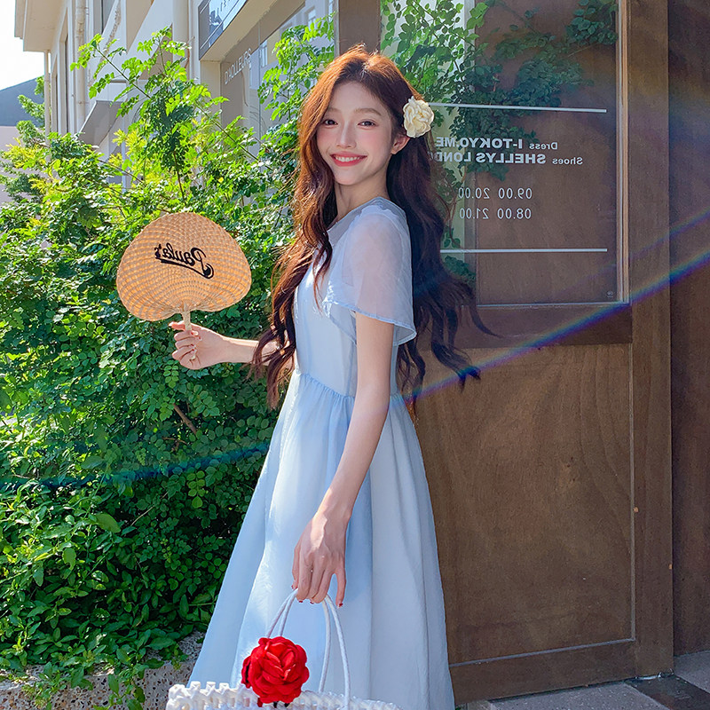独特绝美蓝色薄纱连衣裙女夏2025年新款超好看温柔气质连身长裙子,女装连衣裙,2C122