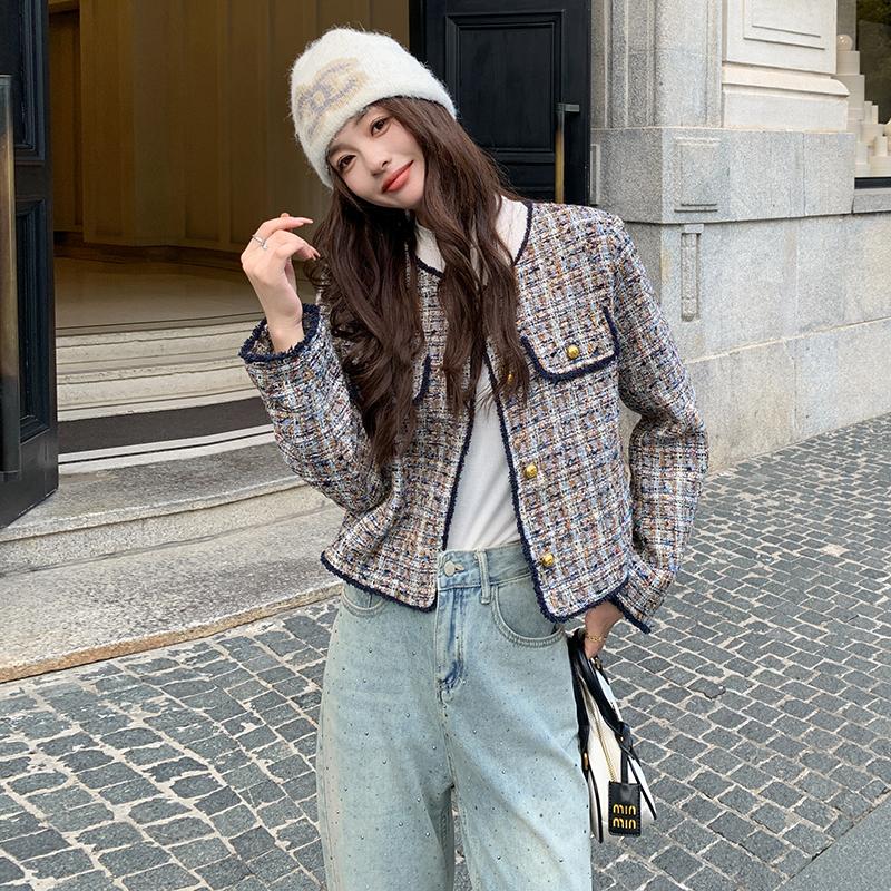 蓝色格子小香风外套女2025秋新款设计感超好看超火气质小个子上衣图片