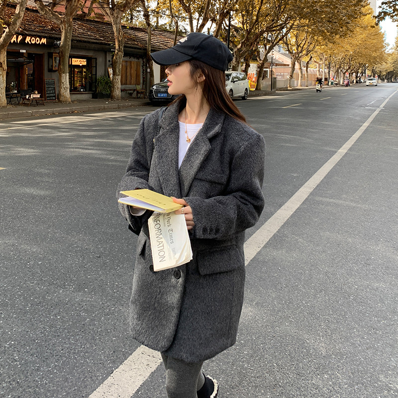 新款，高级感宽松休闲加棉灰色西装毛呢外套2372P185K268,女装西装,2C029