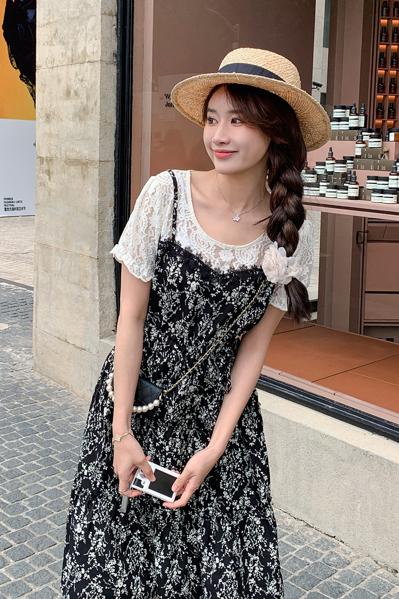 法式绝美蕾丝碎花吊带连衣裙女夏2025新款收腰假两件套装雪纺裙子,女装连衣裙,2C087