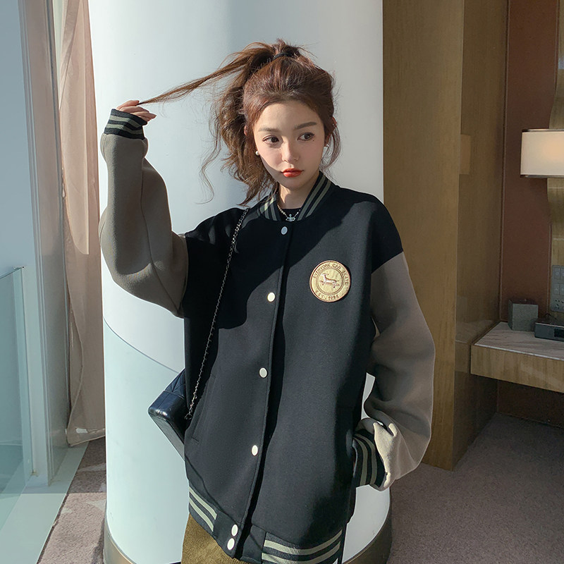 女短外套初秋穿搭黑色女棒球服短款小个子宽松拼接春秋小个子短款,女装短外套,2C170