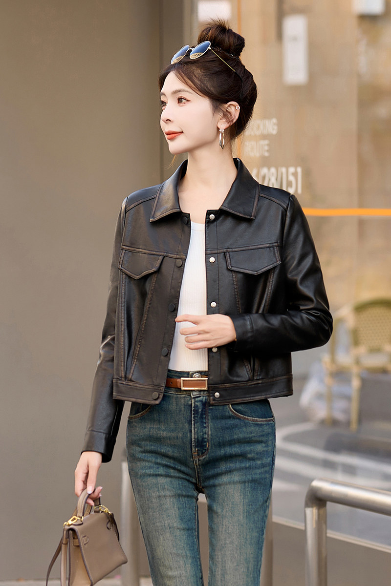 2026春装新款休闲小个子修身机车服PU皮夹克,女装皮衣,自然秀