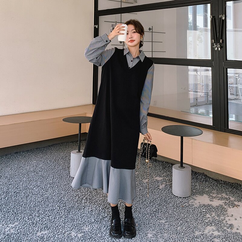 法式气质假两件衬衫连衣裙女2025春秋季新款韩版收腰显瘦盐系长裙,女装连衣裙,2C018