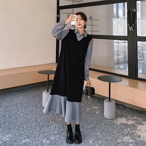 法式气质假两件衬衫连衣裙女2025春秋季新款韩版收腰显瘦盐系长裙图片