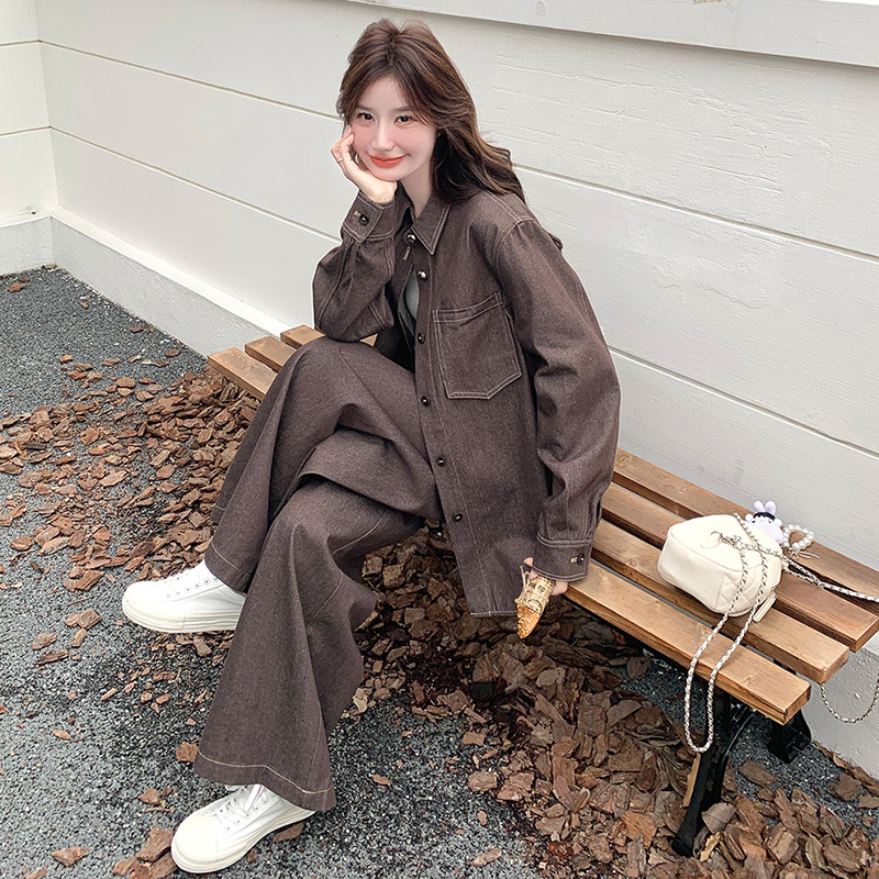 咖色牛仔衬衫套装女春秋2025年新款韩系减龄ootd穿搭阔腿裤两件套,女装套装/套裙,2C139