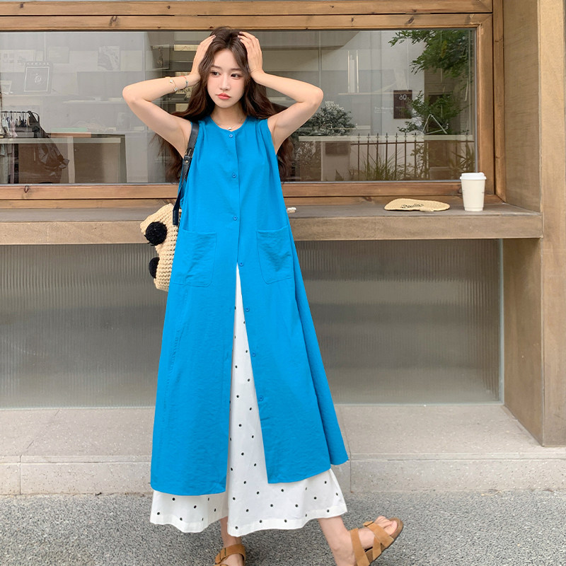 洋气减龄无袖衬衫连衣裙两件套女2025夏季新款韩系少女波点阔腿裤,女装套装/套裙,2D109