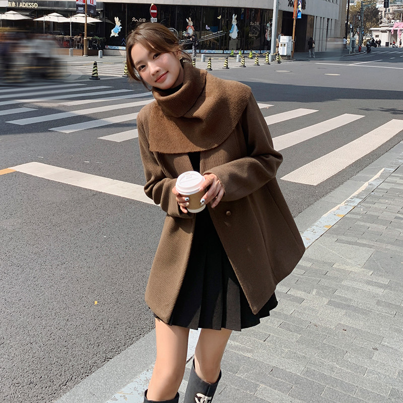 美拉德咖色带围巾款双面呢羊绒大衣女2024冬季新款双排扣毛呢外套,女装棉衣/棉服,2C280