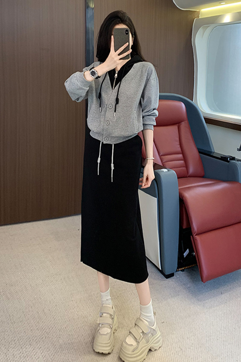 高级感时尚女秋季连帽卫衣收腰开叉半身裙两件套,女装套装/套裙,2C310