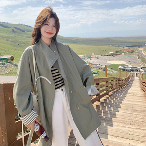 条纹拼接军绿色皮风衣外套女春秋2025新款设计感小众大衣流行爆款图片