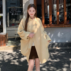 韩版黄色中长款小个子双面羊毛大衣女冬季新款高级感加厚毛呢大衣图片