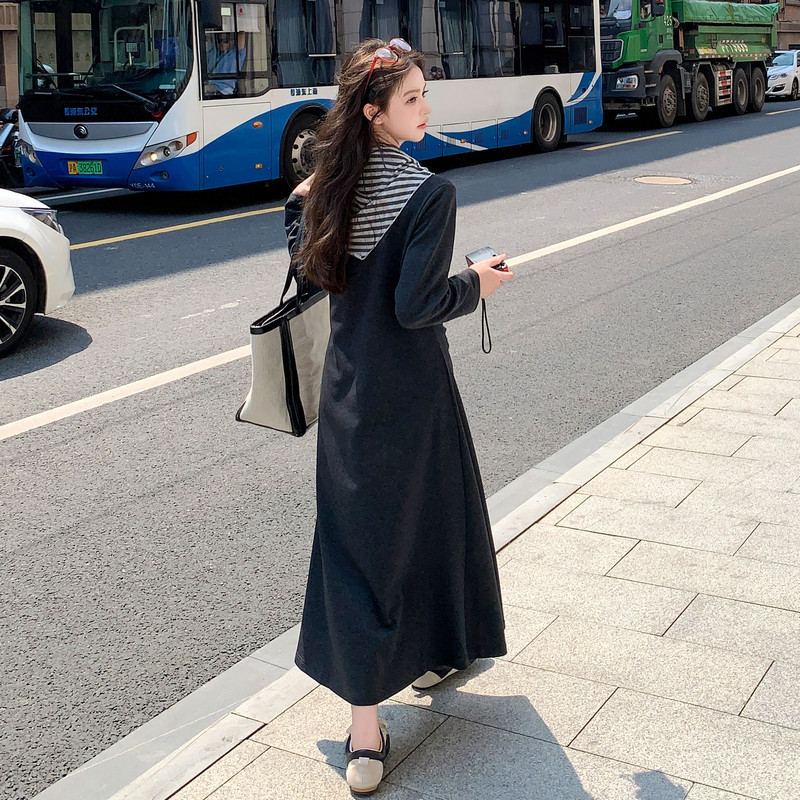 条纹披肩字母长袖连衣裙女2025春秋新款韩系设计感绑带收腰T恤裙,女装连衣裙,2C353
