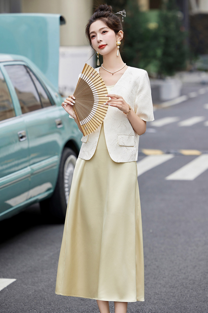 2025新款夏装V领提花盘扣复古缎面裙套装裙两件套,女装套装/套裙,丽莎妳雅