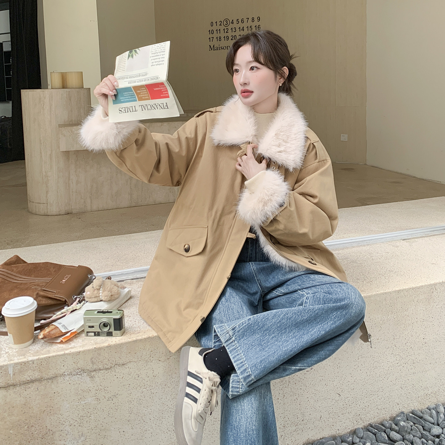 复古毛绒领派克服女冬季设计感美式加厚毛毛气质保暖工装棉服外套,女装派克服,2C166