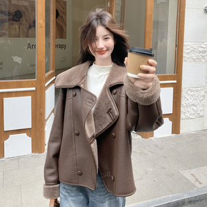棕色皮毛一体翻领羊羔毛外套女2025冬季新款韩系复古小个子棉服潮图片