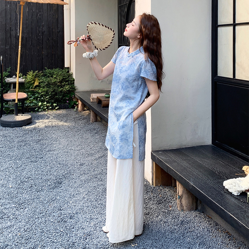 新中式国风旗袍休闲裤套装女夏2025新款独特漂亮两件套爆款高级感,女装套装/套裙,2C126