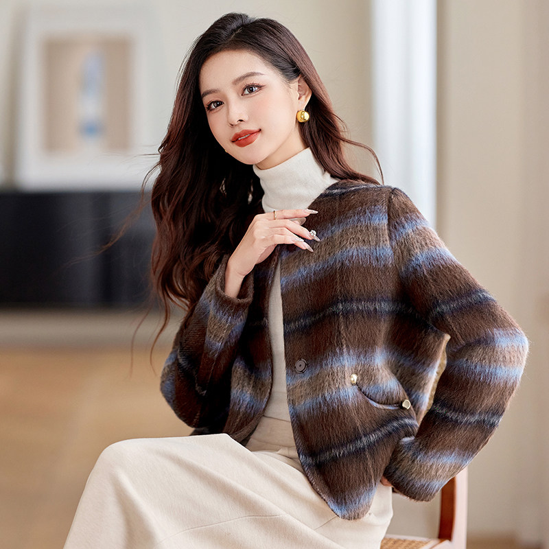 时尚格子双面呢短款圆领羊毛外套2C215-P255-K355,女装羊绒大衣,2C215