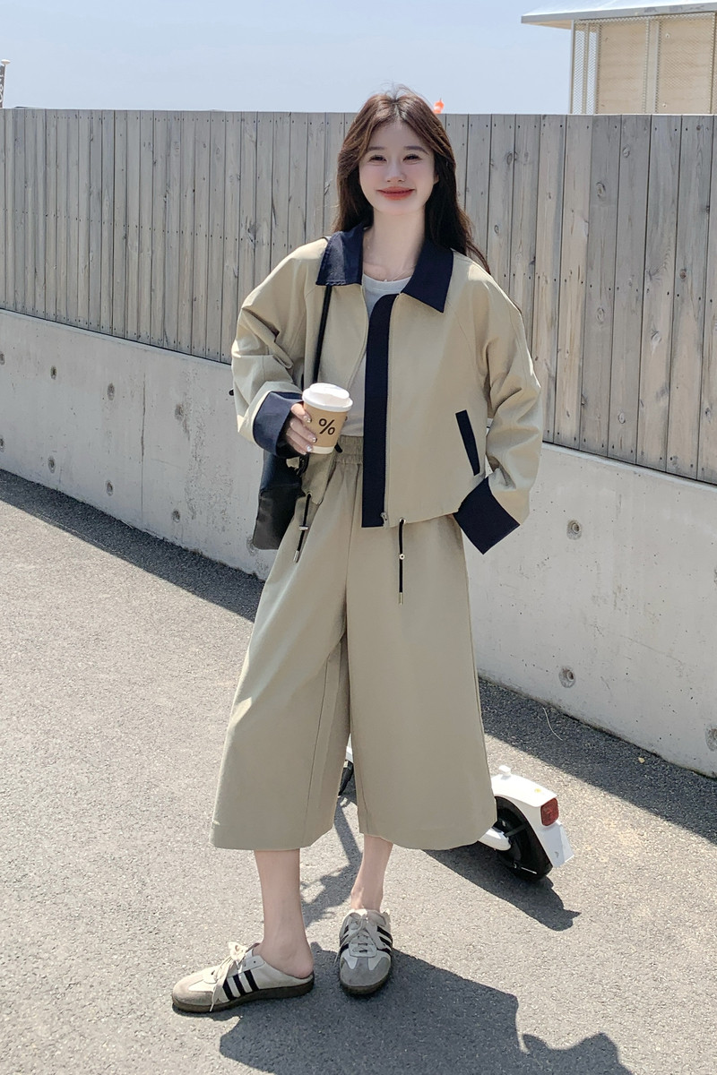复古休闲浅卡其色工装夹克外套裤子套装女2026秋季时尚减龄两件套,女装套装/套裙,2C159