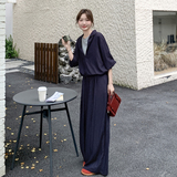 藏青色假两件上衣套装女2025早秋新款韩系设计感休闲阔腿裤两件套，女装套装/套裙，2C159