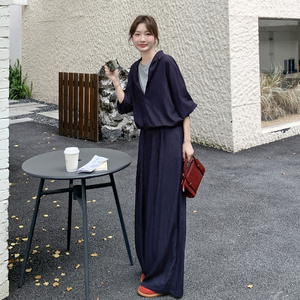 藏青色假两件上衣套装女2025早秋新款韩系设计感休闲阔腿裤两件套图片