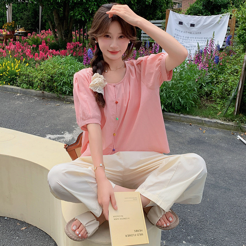 【现货】粉色泡泡袖上衣休闲裤两件套装夏季女4218-P135-K205,女装套装/套裙,2C126
