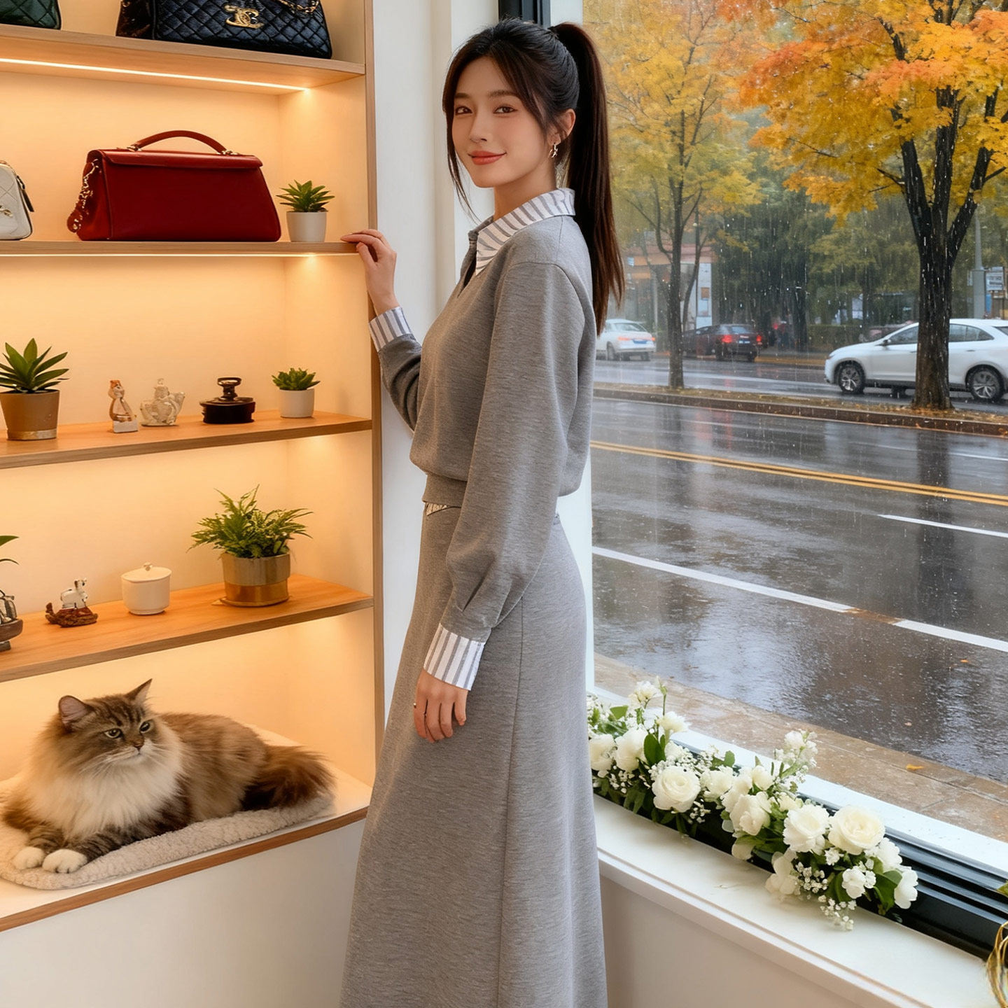 设计感气质时尚套装女秋季新款拼接衬衫领假两件卫衣半身裙两件套,女装套装/套裙,2C310