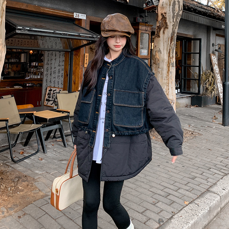 现2025冬装新款牛仔拼接假两件加厚棉服外套2C233-8837-P205-K289,女装棉衣/棉服,2C233
