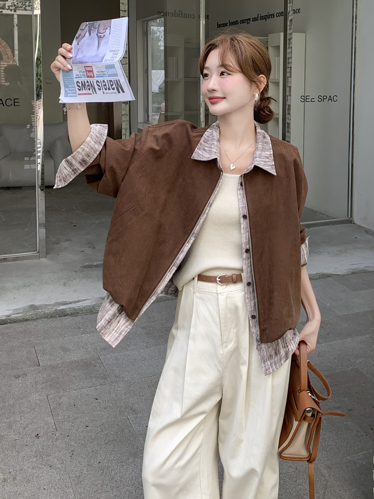 撞色拼接翻领外套女2025秋季新款复古设计感宽松休闲百搭夹克上衣,女装短外套,2C323