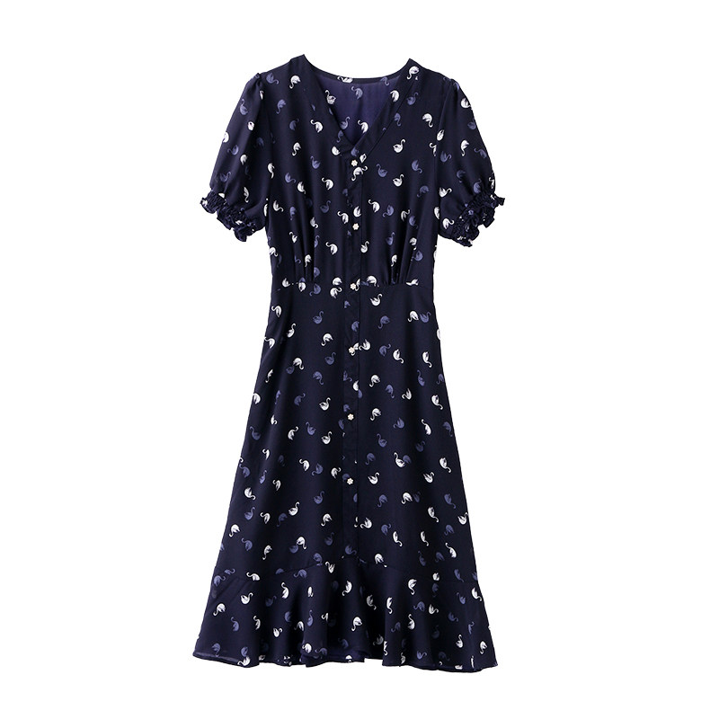 24夏法式V领时尚印花茶歇裙8925P105,女装连衣裙,乐衣轩