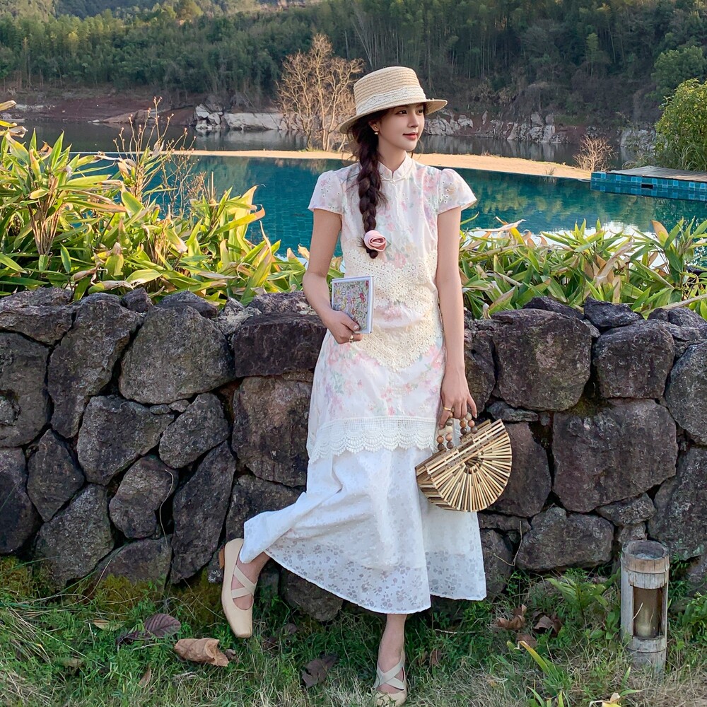 新中式假两件印花改良旗袍夏季蕾丝拼接镂空好看百搭修身旗袍裙潮图片