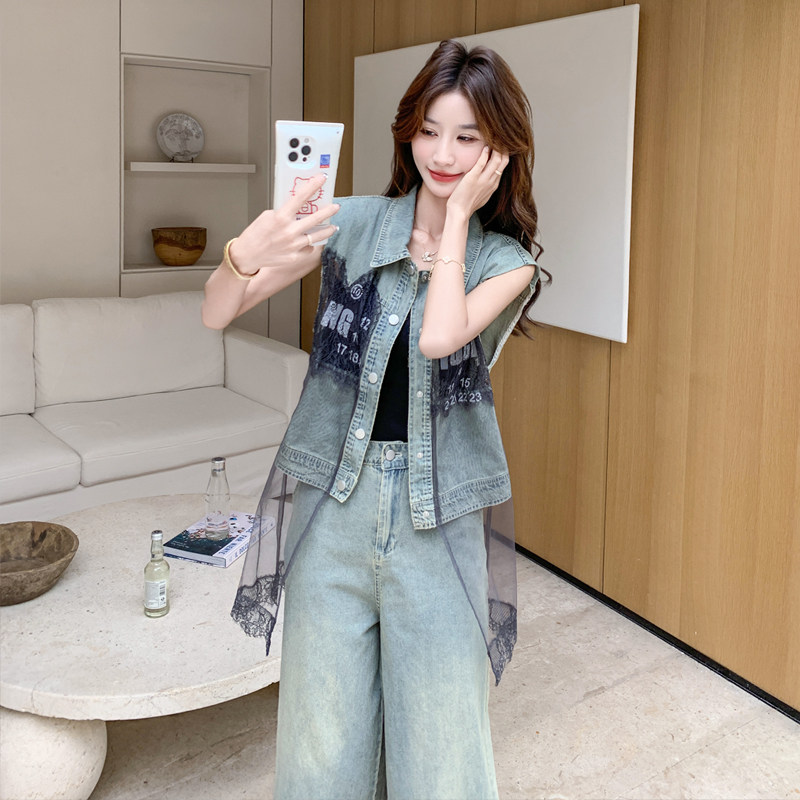现货;夏装新款设计感拼接蕾丝牛仔马甲套装2C135-N8877P165K238,女装套装/套裙,2C135