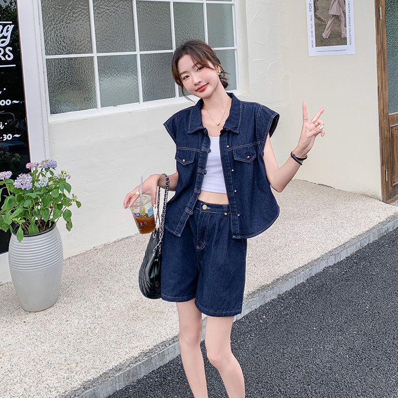 现货附买家秀时尚小飞袖牛仔两件套套装2075款P130控198,女装套装/套裙,2C139