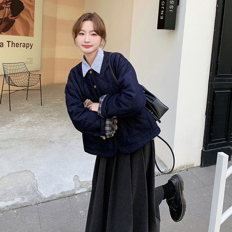藏青色轻薄款羽绒棉服外套女秋冬2025新款夹棉上衣夹克小棉袄棉衣,女装棉衣/棉服,2C131