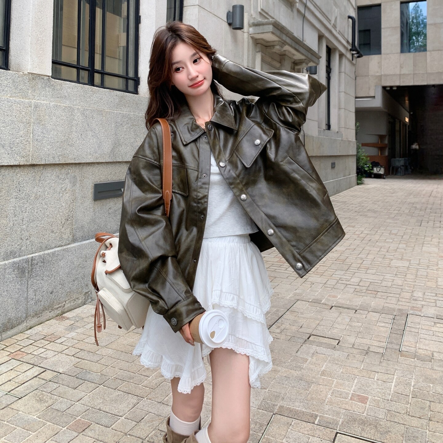 绿色复古皮衣外套女2025秋季新款韩版小个子气质高级感机车服夹克,女装皮衣,2C325