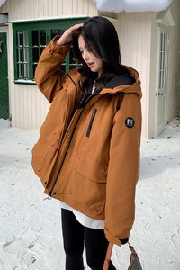连帽橘色工装冲锋衣式派克服棉衣女冬季小个子流行加绒高级感棉服图片