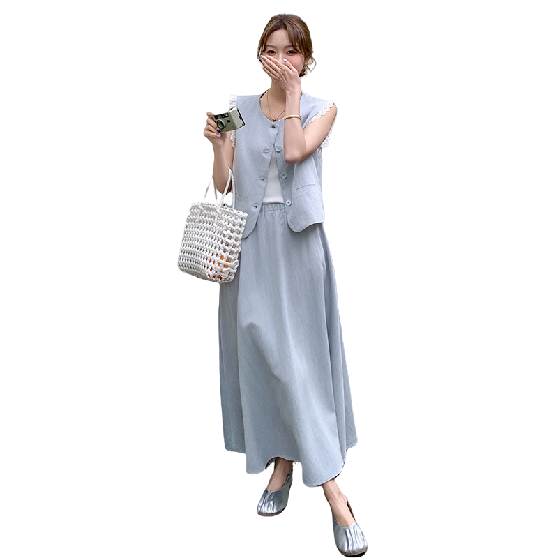 2025夏季法式气质淡人蕾丝花边拼接马甲背心女温柔高腰半身裙套装,女装套装/套裙,2C259
