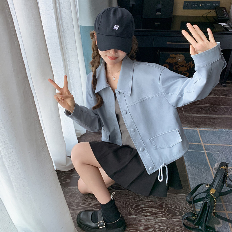 2025年春季新款浅蓝色皮衣夹克短外套女韩版高级感机车服百搭上衣图片