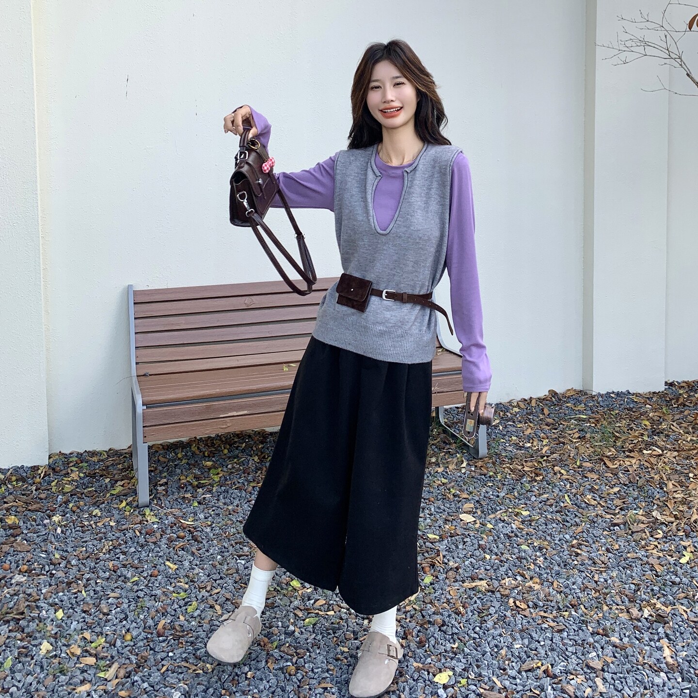 韩系针织毛衣打底衫阔腿裤三件套女秋冬2025新款设计ootd穿搭套装,女装套装/套裙,2C135