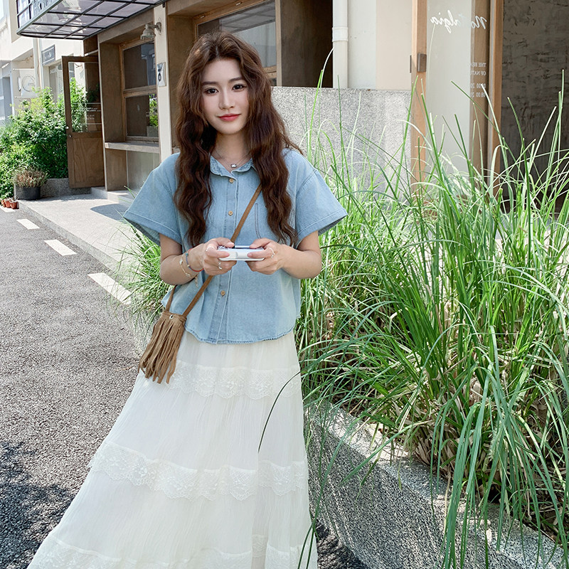 盐系穿搭减龄牛仔套装女2025夏新款宽松休闲短袖衬衫半身裙两件套,女装套装/套裙,2C009