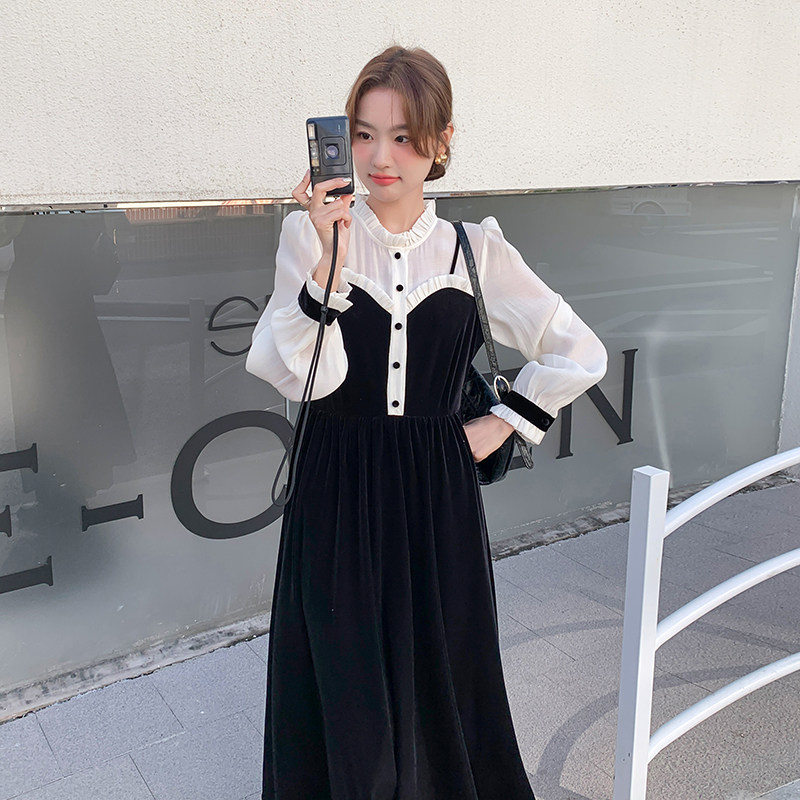 黑色拼接设计感小众丝绒连衣裙女2024春新款法式名媛气质千金长裙图片