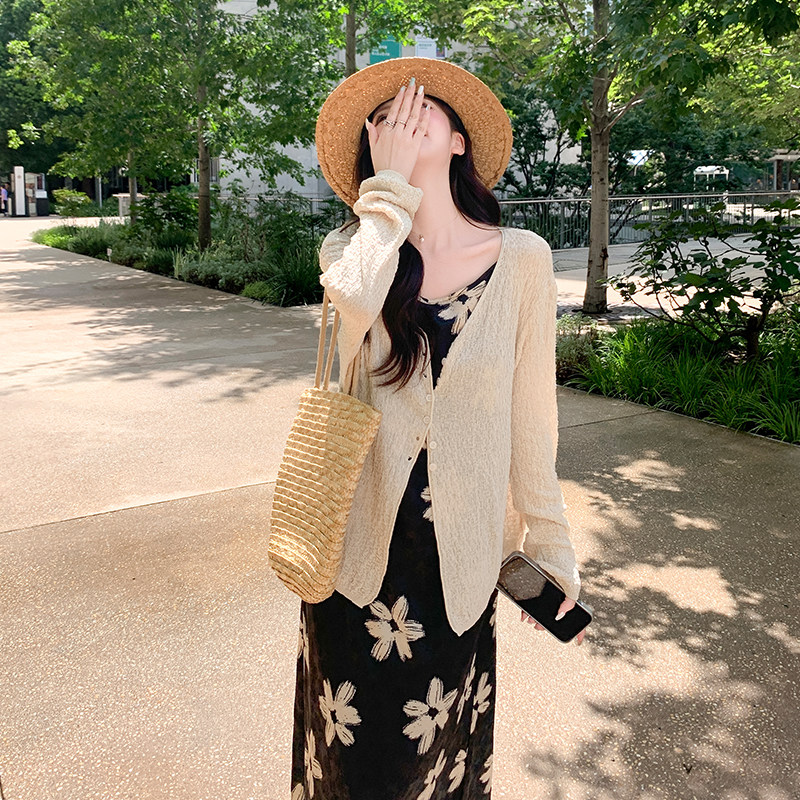 御姐气质印花吊带连衣裙套装女春秋新款法式浪漫长袖开衫两件套潮,女装连衣裙,2C122