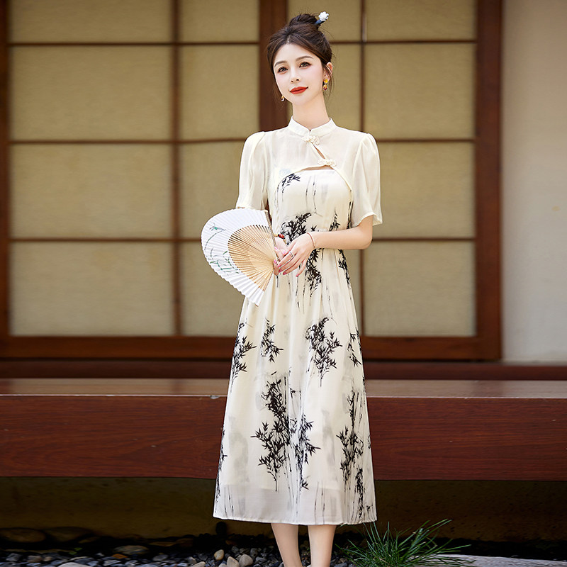 现货吊带裙女装天丝新中式复古高腰套装裙小香风连衣裙两件套夏季，女装连衣裙，维一诺,女装连衣裙,维一诺（1D095）