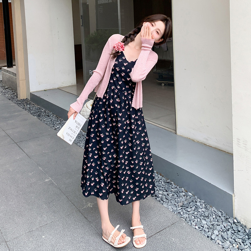 现货！粉色针织开衫吊带裙法式碎花连衣裙两件套5069P135K198,女装连衣裙,2C166