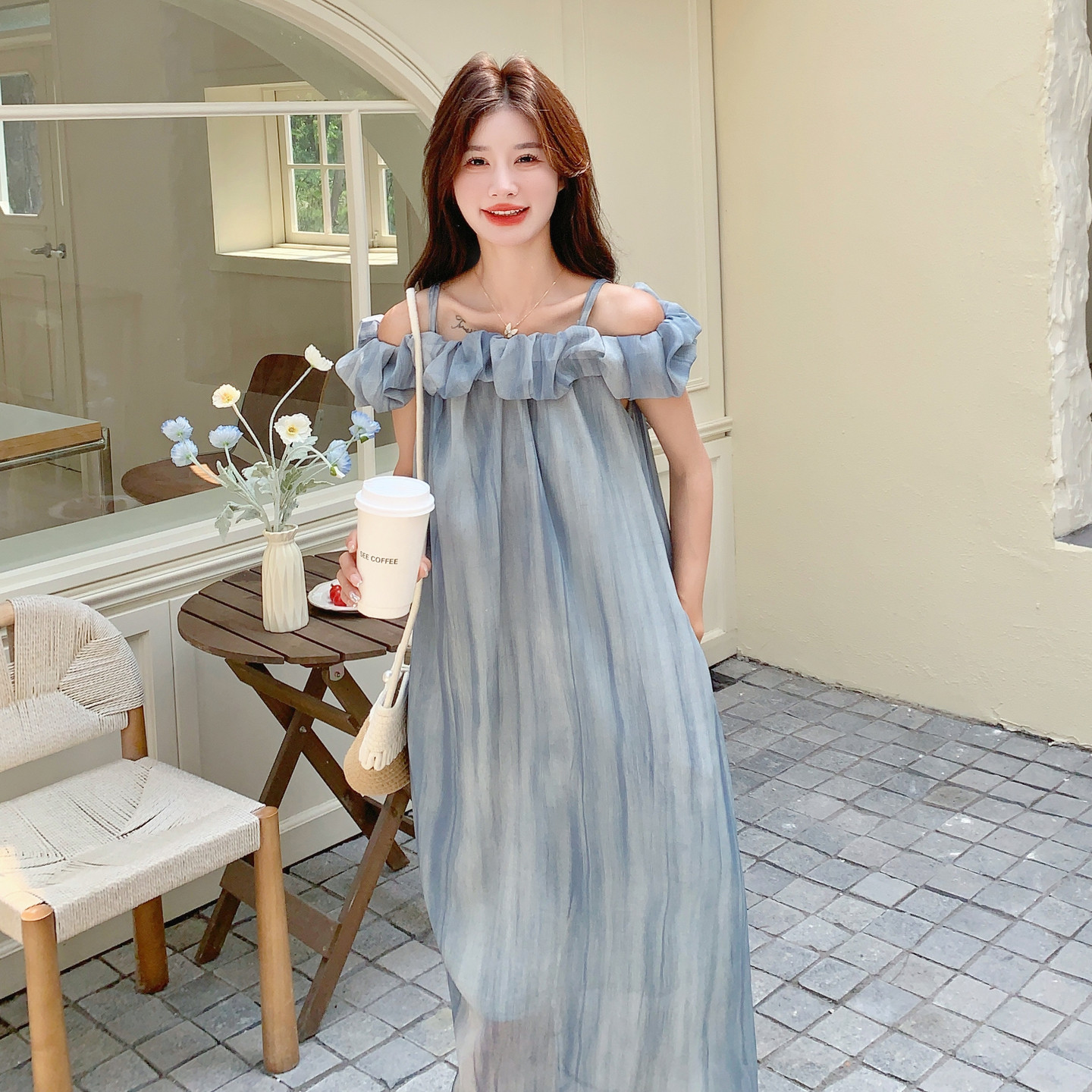 连衣裙扎染吊带仙女裙夏装纯色文艺露肩连衣裙高腰显瘦气质公主,女装连衣裙,2C233