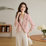 洋气粉色西装外套女2024春秋新款修身显瘦小个子气质百搭西服上衣，女装短外套，英标秀（1C119）