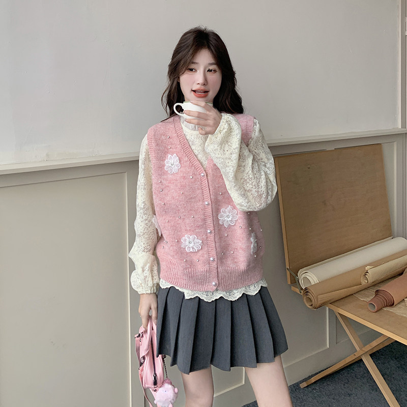 淑女气质穿搭套装女2026春新款粉色花朵针织马甲蕾丝打底衫两件套,女装套装/套裙,2C166