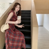 荷叶边V领撞色格子短袖连衣裙女2025年夏季新款收腰显瘦减龄长裙，女装连衣裙，2C212