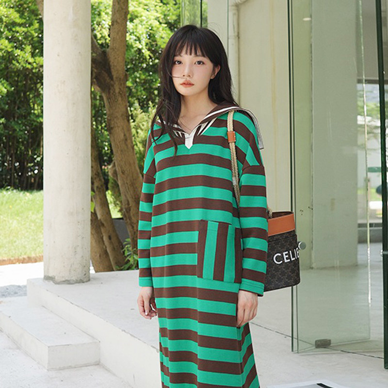备货2025春装新款条纹针织连衣裙韩版网红海军领显瘦长裙P115K168,女装连衣裙,2C311